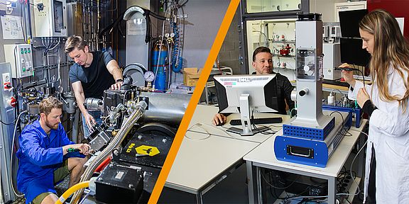 Two laboratory engineers work on an engine in the engine test bench