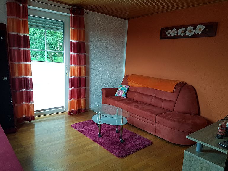 gemütliches Wohnzimmer gemütliches Wohnzimmer mit ausziehbarer Couch, Sideboards, TV und LAN Anschluss und Verdunklungsrollos