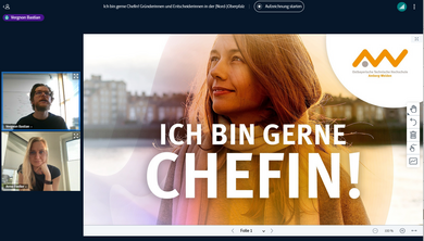 Screenshot der Referentin und des Gastgeber beim Online-Vortrag