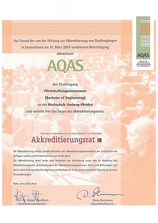 Akkreditierungsurkunde: Beispiel Wirtschaftsingenieurwesen