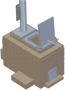 CAD Zeichnung des Ofens Konstruktionszeichnung des Ofens zu sehen sind die Mauern der zwei Kammern und die Metallbauarbeiten.
