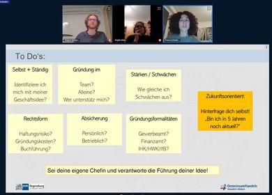 Screenshot der Referentin und zwei weitere Teilnehmender beim Online-Vortrag. Außerdem ist eine Präsentationsfolie mit "To-Do´s" abgebildet  