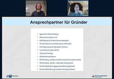 Screenshot der Referentin und eines weiteren Teilnehmers beim Online-Vortrag. Außerdem ist eine Präsentationsfolie mit einer Auflistung von Ansprechpartner zu sehen 