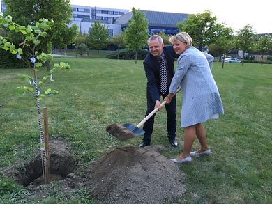 Rektor Miroslav Holeček und Präsidentin Prof. Dr. Andrea Klug pflanzen einen Baum