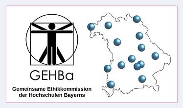 GEHBa-Logo und schematische Karte des Freistaats Bayern mit den derzeitigen Mitgliedhochschulen der GEHBa