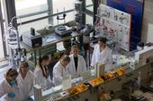 Blick von oben auf sechs Studentinnen im Labor Verfahrenstechnik