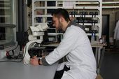Ein Student untersucht eine Probe unter dem Mikroskop. 